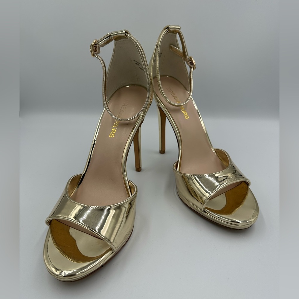 Gold Metallic Stiletto Heels Size 9.5 Open Toe Ankle Strap Party Dress Shoes
